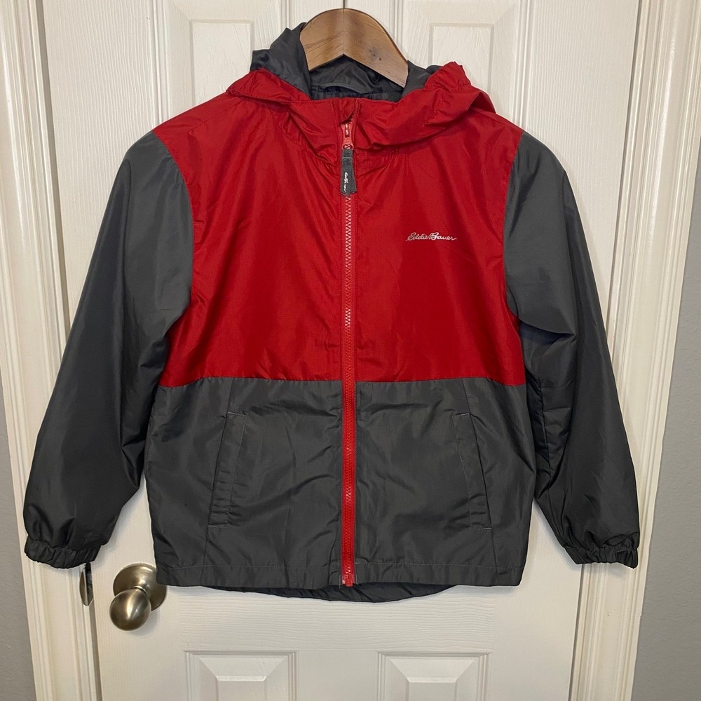Eddie Bauer Kids Jacket Boys 7‎ 8 Red Gray Hooded Windbreaker Lightweight